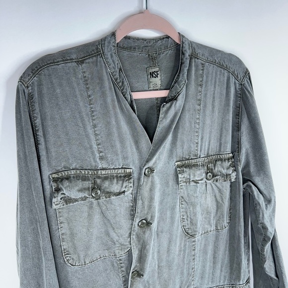 NSF Asymmetric Button Front Jumpsuit Long Sleeve Green Gray Relaxed Miche Small - Picture 3 of 14